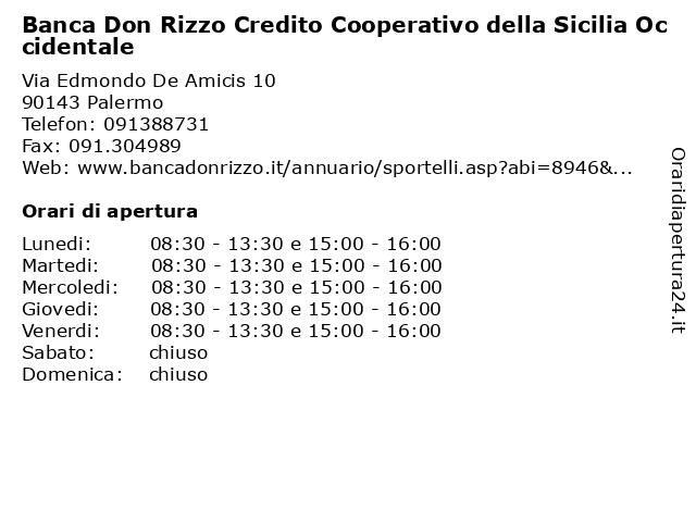 Banca Don Rizzo Credito Cooperativo della Sicilia Occidentale a Palermo: indirizzo e orari di apertura