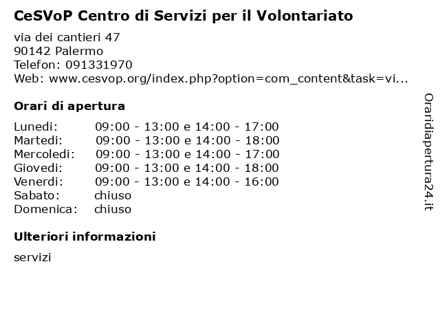 ᐅ Orari Cesvop Centro Di Servizi Per Il Volontariato Via Dei Cantieri 47 Palermo