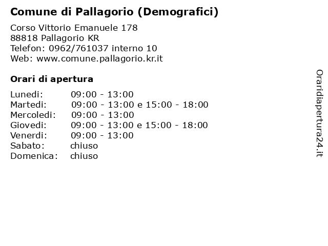 Comune di Pallagorio (Demografici) a Pallagorio KR: indirizzo e orari di apertura