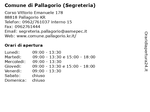 Comune di Pallagorio (Segreteria) a Pallagorio KR: indirizzo e orari di apertura