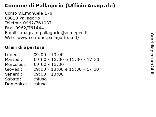 Comune di Pallagorio (Ufficio Anagrafe) a Pallagorio KR: indirizzo e orari di apertura