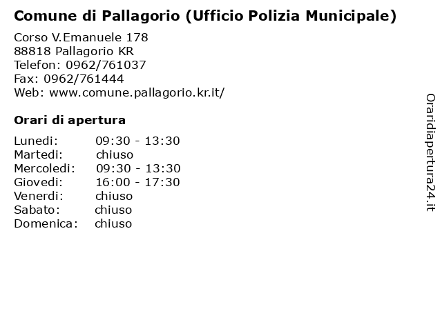 Comune di Pallagorio (Ufficio Polizia Municipale) a Pallagorio KR: indirizzo e orari di apertura