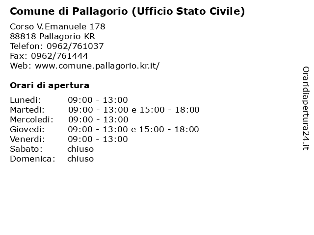 Comune di Pallagorio (Ufficio Stato Civile) a Pallagorio KR: indirizzo e orari di apertura