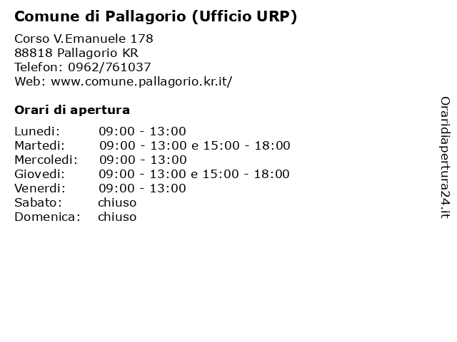 Comune di Pallagorio (Ufficio URP) a Pallagorio KR: indirizzo e orari di apertura