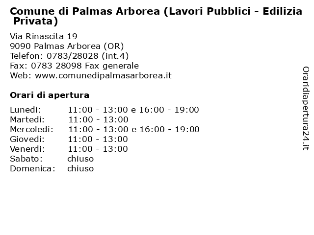 Comune di Palmas Arborea (Lavori Pubblici - Edilizia Privata) a Palmas Arborea (OR): indirizzo e orari di apertura