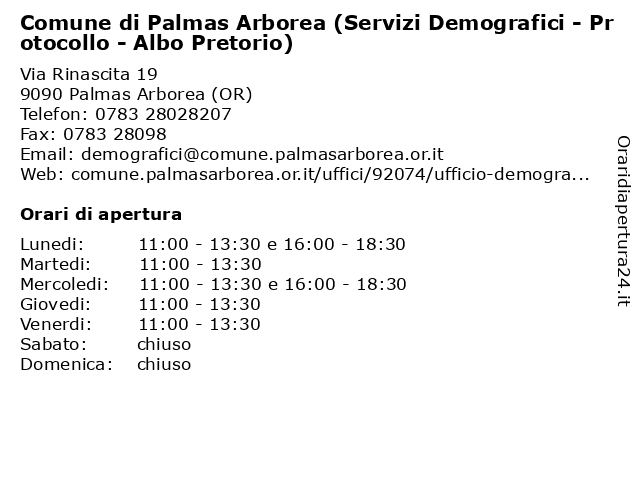 Comune di Palmas Arborea (Servizi Demografici - Protocollo - Albo Pretorio) a Palmas Arborea (OR): indirizzo e orari di apertura
