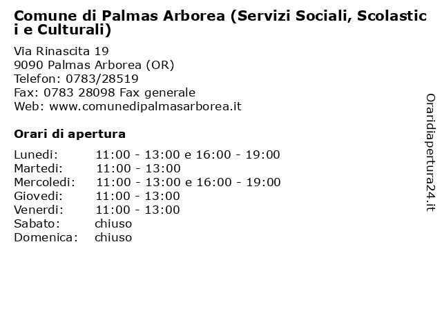 Comune di Palmas Arborea (Servizi Sociali, Scolastici e Culturali) a Palmas Arborea (OR): indirizzo e orari di apertura
