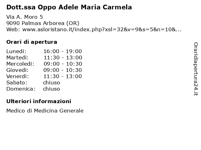 Dott.ssa Oppo Adele Maria Carmela a Palmas Arborea (OR): indirizzo e orari di apertura