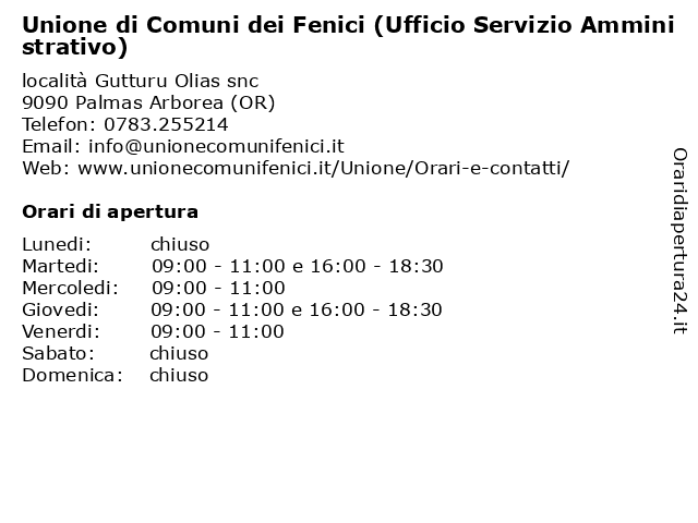 Unione di Comuni dei Fenici (Ufficio Servizio Amministrativo) a Palmas Arborea (OR): indirizzo e orari di apertura
