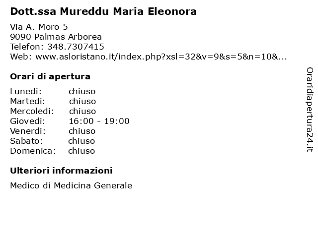 Dott.ssa Mureddu Maria Eleonora a Palmas Arborea: indirizzo e orari di apertura