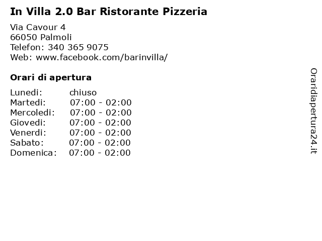 In Villa 2.0 Bar Ristorante Pizzeria a Palmoli: indirizzo e orari di apertura