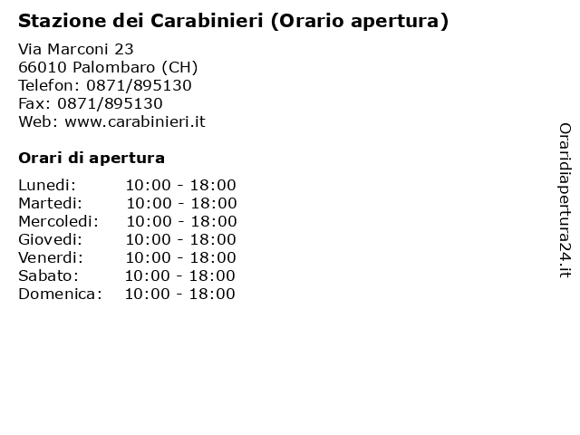 Stazione dei Carabinieri (Orario apertura) a Palombaro (CH): indirizzo e orari di apertura