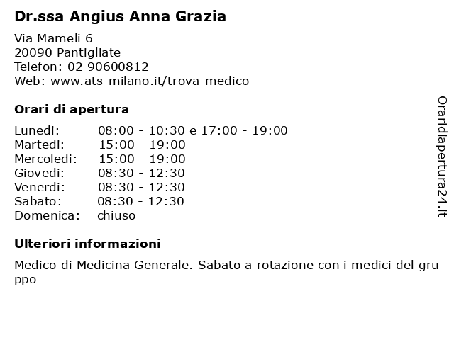 Ambulatorio Medico (Dr.ssa Angius Anna Grazia) a Pantigliate: indirizzo e orari di apertura