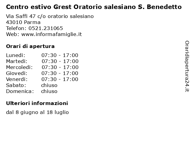 Centro estivo Grest Oratorio salesiano S. Benedetto a Parma: indirizzo e orari di apertura