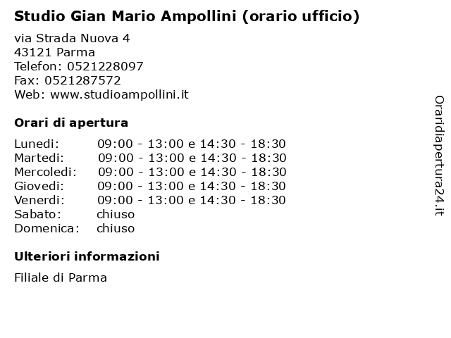 Studio Gian Mario Ampollini (orario ufficio) a Parma: indirizzo e orari di apertura
