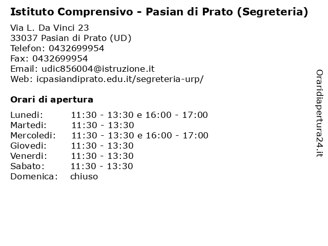 á… Orari Di Apertura Istituto Comprensivo Pasian Di Prato Segreteria Via L Da Vinci