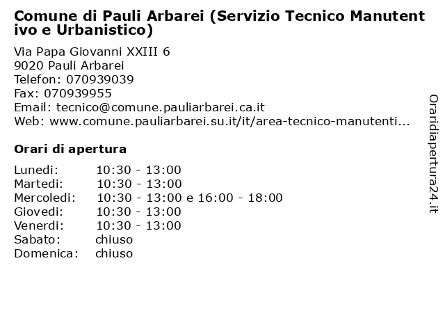 Comune di Pauli Arbarei (Servizio Tecnico Manutentivo e Urbanistico) a Pauli Arbarei VS: indirizzo e orari di apertura