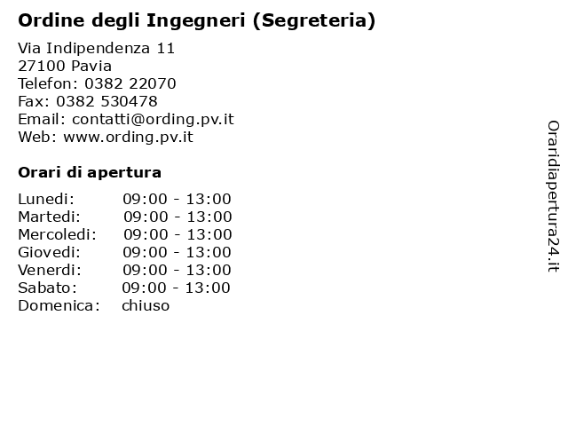 Ordine degli Ingegneri (Segreteria) a Pavia: indirizzo e orari di apertura