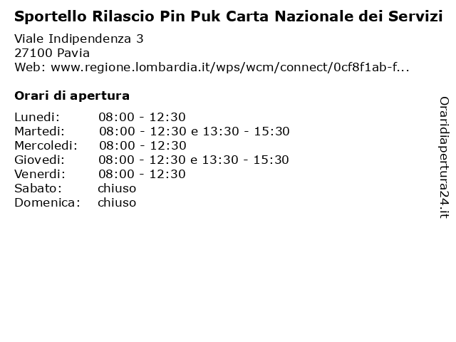 Sportello Rilascio Pin Puk Carta Nazionale dei Servizi a Pavia: indirizzo e orari di apertura