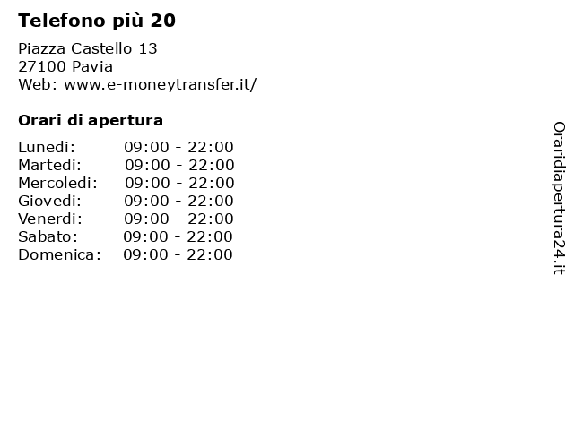 Telefono più 20 a Pavia: indirizzo e orari di apertura