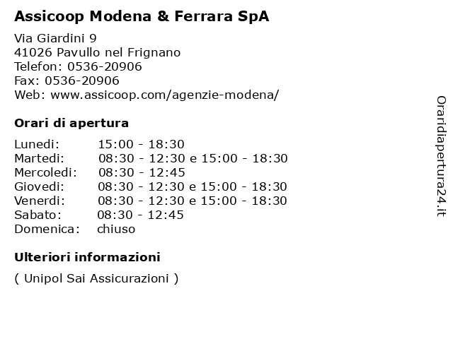 Assicoop Modena & Ferrara SpA a Pavullo nel Frignano: indirizzo e orari di apertura