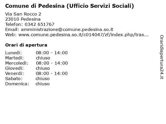 Comune di Pedesina (Ufficio Servizi Sociali) a Pedesina: indirizzo e orari di apertura