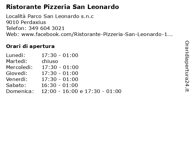 Ristorante Pizzeria San Leonardo a Perdaxius: indirizzo e orari di apertura