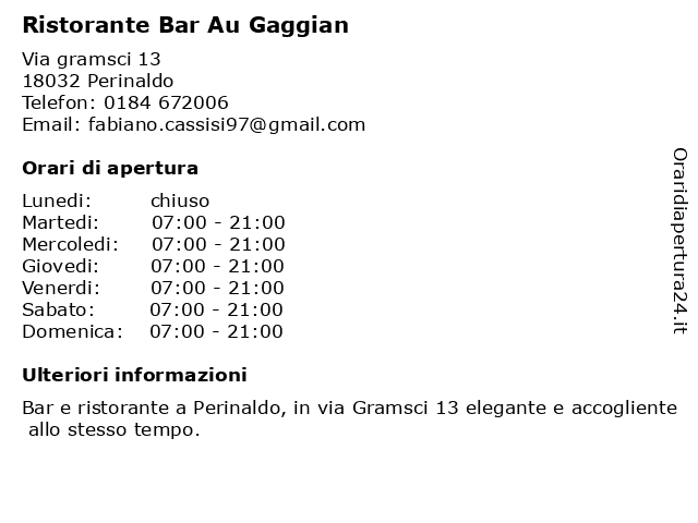 Ristorante Bar Au Gaggian a Perinaldo: indirizzo e orari di apertura