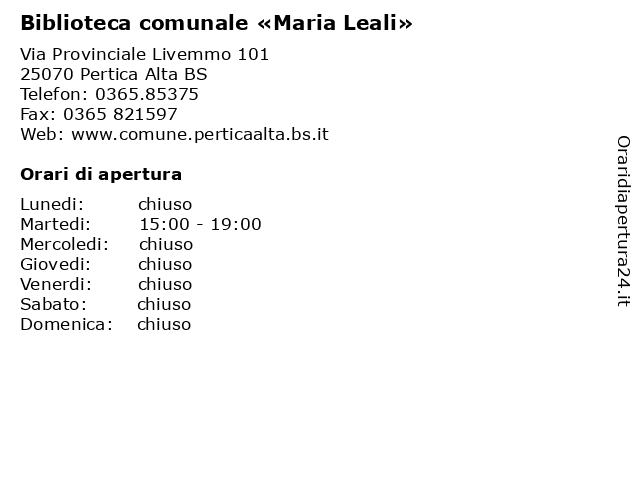 Biblioteca comunale «Maria Leali» a Pertica Alta BS: indirizzo e orari di apertura