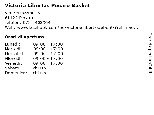 Victoria Libertas Pesaro Basket a Pesaro: indirizzo e orari di apertura