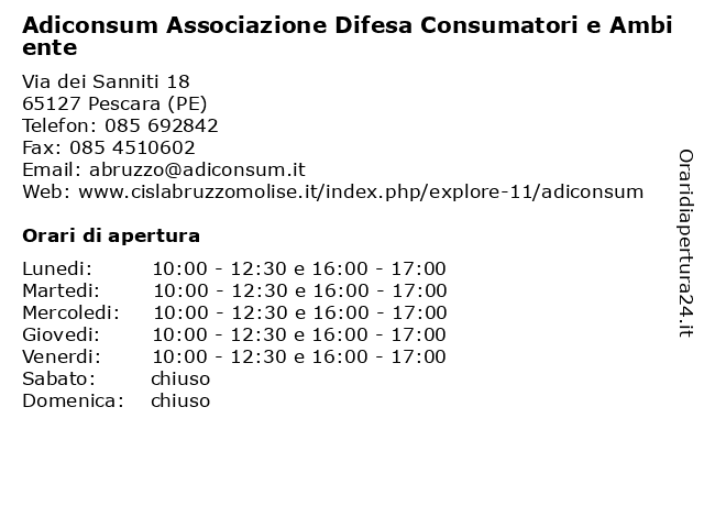 Adiconsum Associazione Difesa Consumatori e Ambiente a Pescara (PE): indirizzo e orari di apertura