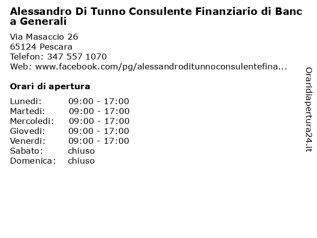 Alessandro Di Tunno Consulente Finanziario di Banca Generali a Pescara: indirizzo e orari di apertura