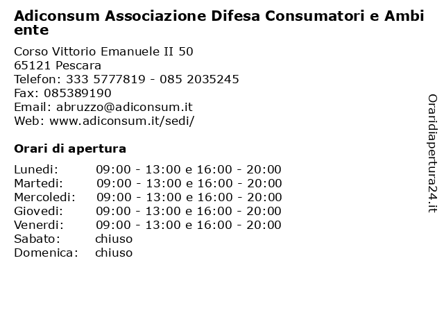 Associazione Difesa Consumatori e Ambiente a Pescara: indirizzo e orari di apertura