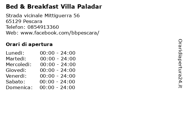 Bed & Breakfast Villa Paladar a Pescara: indirizzo e orari di apertura