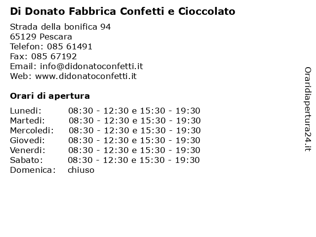 ᐅ Orari Di Donato Fabbrica Confetti E Cioccolato Strada Della Bonifica 94 Pescara
