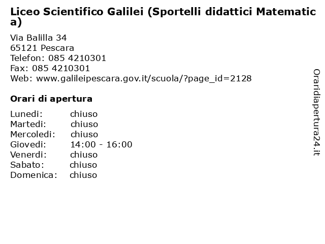 Liceo Scientifico Galilei (Sportelli didattici Matematica) a Pescara: indirizzo e orari di apertura