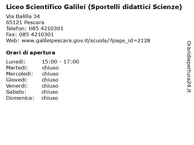 Liceo Scientifico Galilei (Sportelli didattici Scienze) a Pescara: indirizzo e orari di apertura