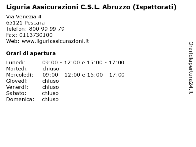 Liguria Assicurazioni C.S.L. Abruzzo (Ispettorati) a Pescara: indirizzo e orari di apertura