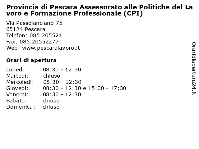 Provincia di Pescara Assessorato alle Politiche del Lavoro e Formazione Professionale (CPI) a Pescara: indirizzo e orari di apertura