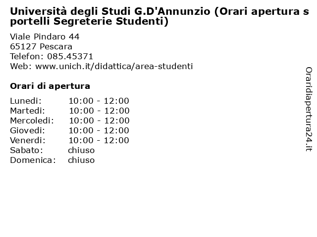 Università degli Studi G.D'Annunzio (Orari apertura sportelli Segreterie Studenti) a Pescara: indirizzo e orari di apertura