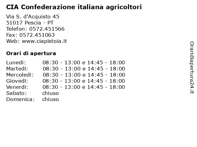 CIA Confederazione italiana agricoltori a Pescia - PT: indirizzo e orari di apertura