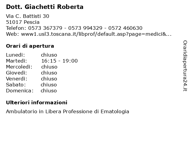 Dott. Giachetti Roberta a Pescia: indirizzo e orari di apertura