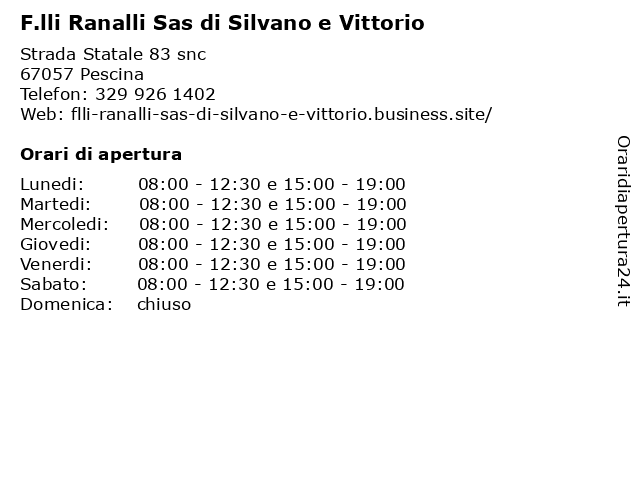 F.lli Ranalli Sas di Silvano e Vittorio a Pescina: indirizzo e orari di apertura