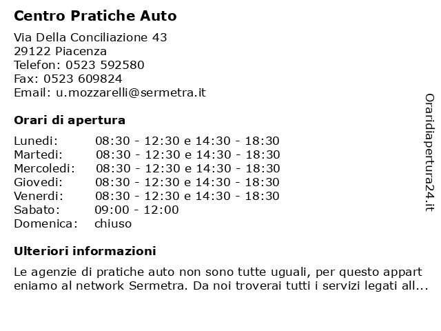 Centro Pratiche Auto a Piacenza: indirizzo e orari di apertura