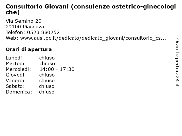 Consultorio Giovani (consulenze ostetrico-ginecologiche) a Piacenza: indirizzo e orari di apertura