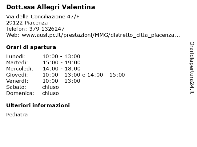 Dott.ssa Allegri Valentina a Piacenza: indirizzo e orari di apertura
