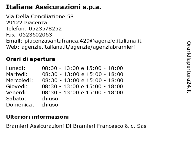Italiana Assicurazioni s.p.a. a Piacenza: indirizzo e orari di apertura