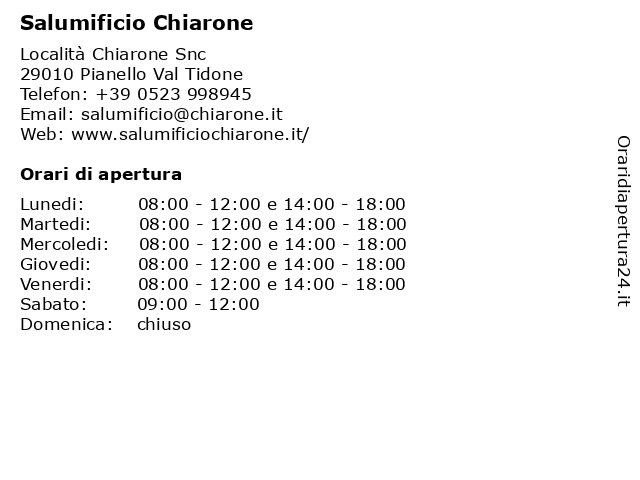 Salumificio Chiarone a Pianello Val Tidone: indirizzo e orari di apertura