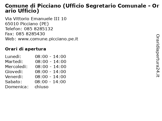 Comune di Picciano (Ufficio Segretario Comunale - Orario Ufficio) a Picciano (PE): indirizzo e orari di apertura
