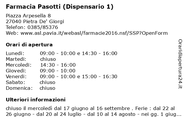 Farmacia Pasotti (Dispensario 1) a Pietra De' Giorgi: indirizzo e orari di apertura